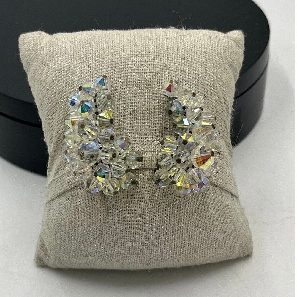 Laguna Vintage Crystal Cluster Aurora Borealis Bead Earrings Clip On Silver Tone